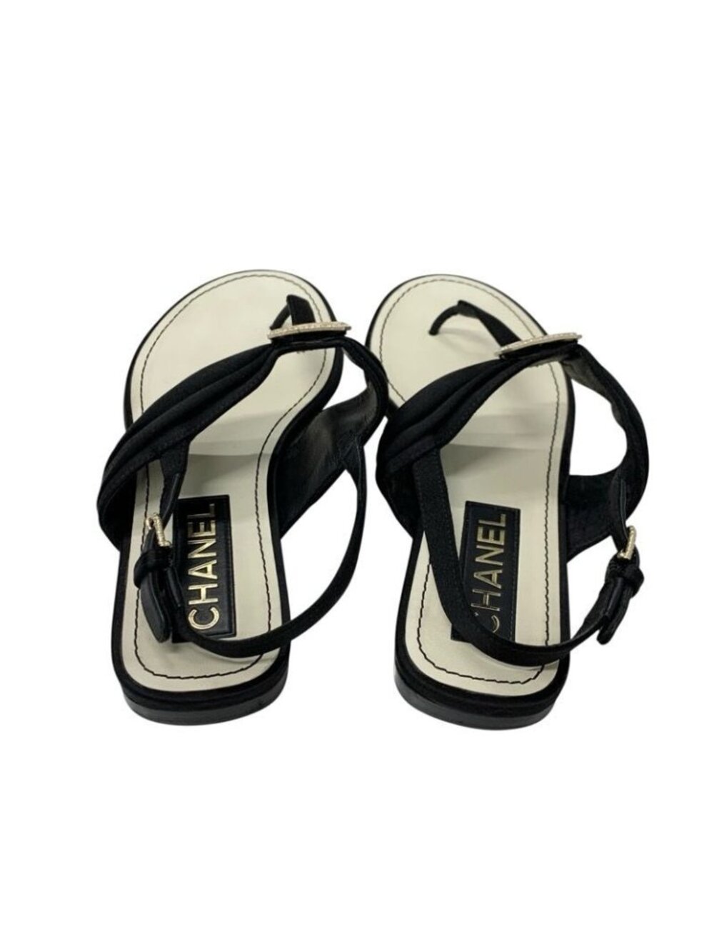 Chanel Sandals Shoes Satin Black Gold Coco Mark Rhinestone Thong Flat - Picture 5 of 10